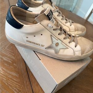 Golden Goose White and Tan Distressed Sneakers